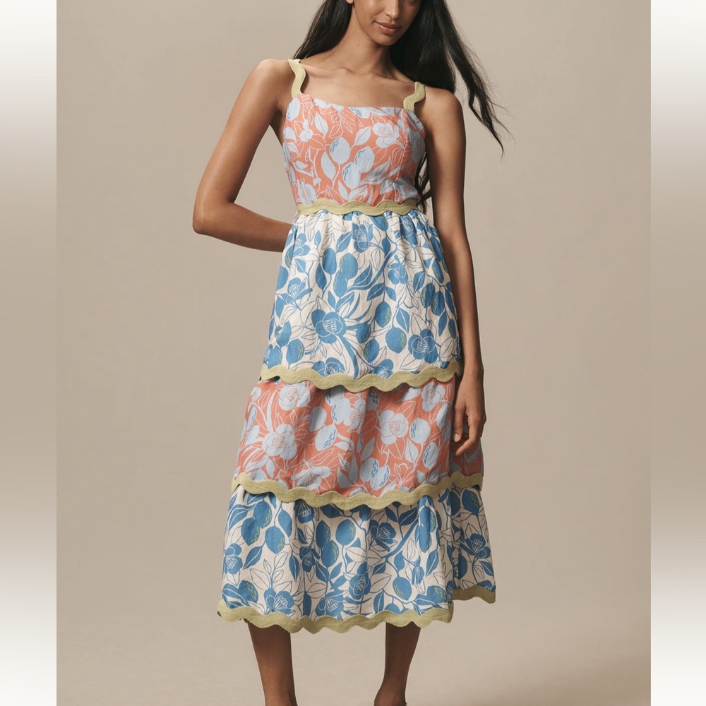 NWT FARM RIO x Anthropologie Linen Tiered Ric Rac Midi Dress, XS P